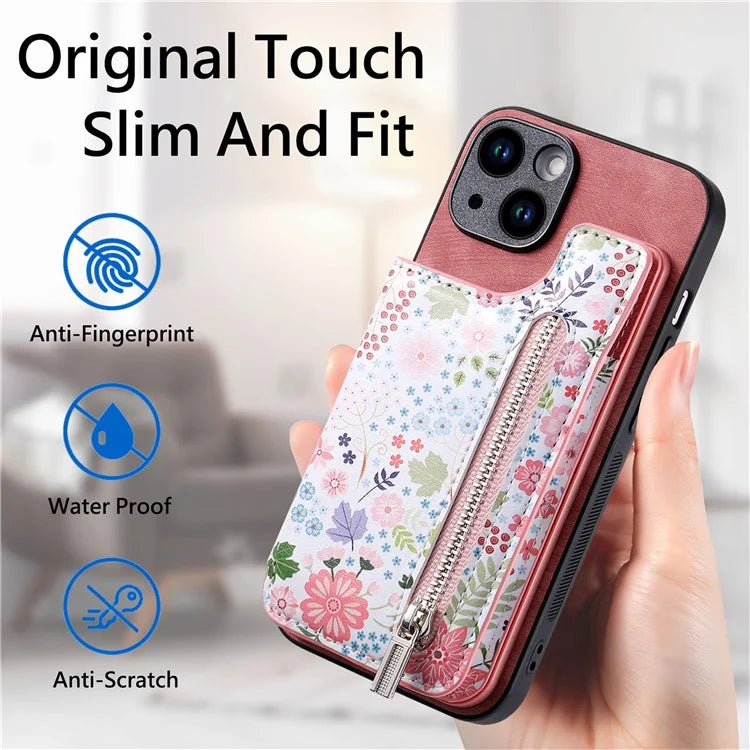 D10 For iPhone 15 Cell Phone Case Pattern Printing Card Bag Zipper Wallet Protective Cover