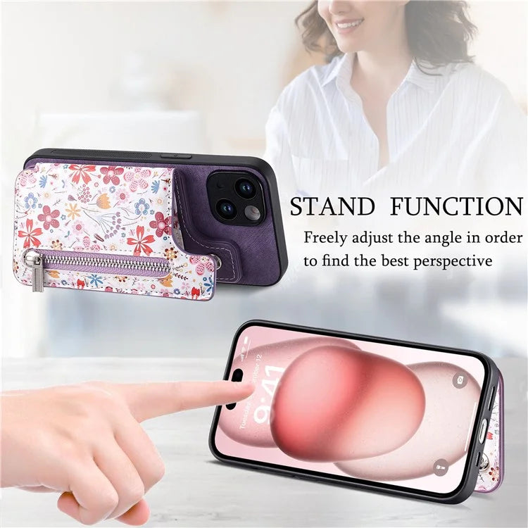 D10 For iPhone 15 Cell Phone Case Pattern Printing Card Bag Zipper Wallet Protective Cover