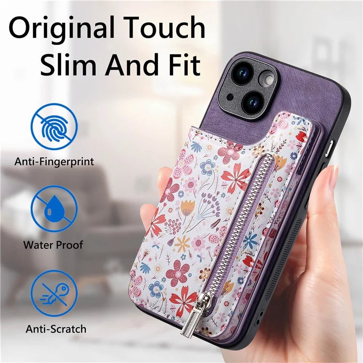 D10 For iPhone 15 Cell Phone Case Pattern Printing Card Bag Zipper Wallet Protective Cover