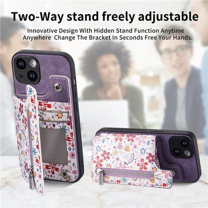 D10 For iPhone 15 Cell Phone Case Pattern Printing Card Bag Zipper Wallet Protective Cover
