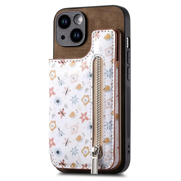 D10 For iPhone 15 Cell Phone Case Pattern Printing Card Bag Zipper Wallet Protective Cover