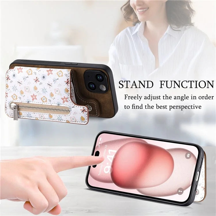 D10 For iPhone 15 Cell Phone Case Pattern Printing Card Bag Zipper Wallet Protective Cover