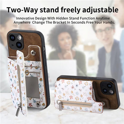 D10 For iPhone 15 Cell Phone Case Pattern Printing Card Bag Zipper Wallet Protective Cover