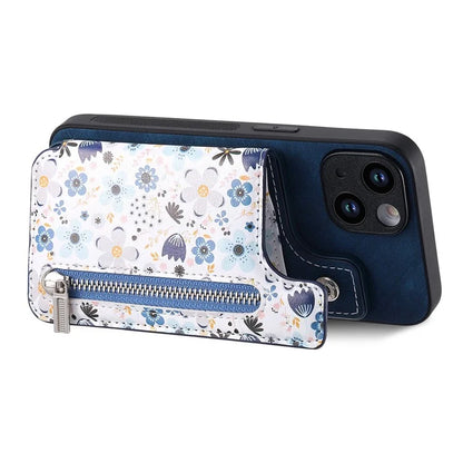 D10 For iPhone 15 Cell Phone Case Pattern Printing Card Bag Zipper Wallet Protective Cover