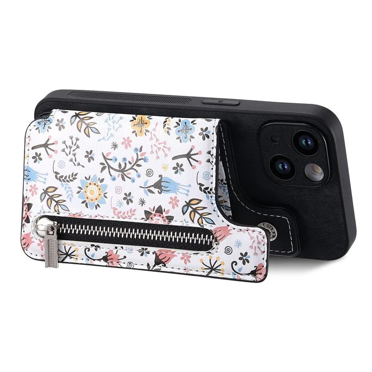 D10 For iPhone 15 Cell Phone Case Pattern Printing Card Bag Zipper Wallet Protective Cover