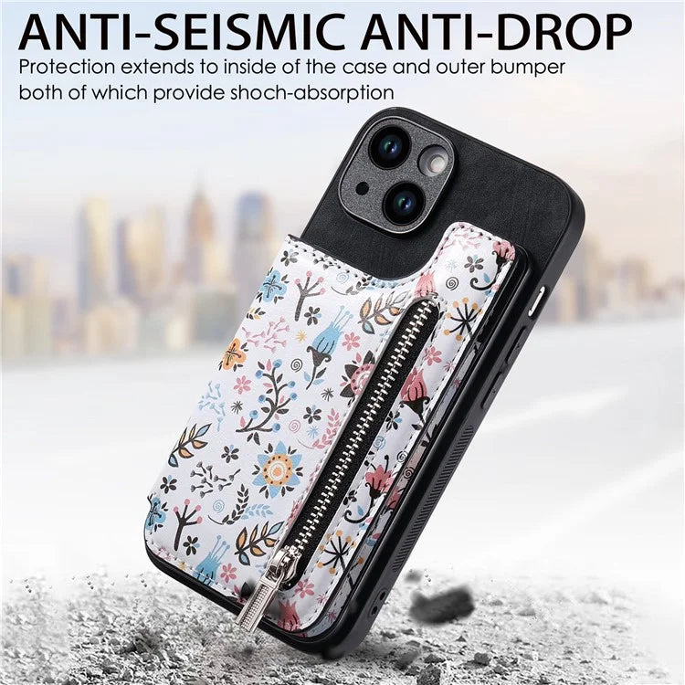 D10 For iPhone 15 Cell Phone Case Pattern Printing Card Bag Zipper Wallet Protective Cover