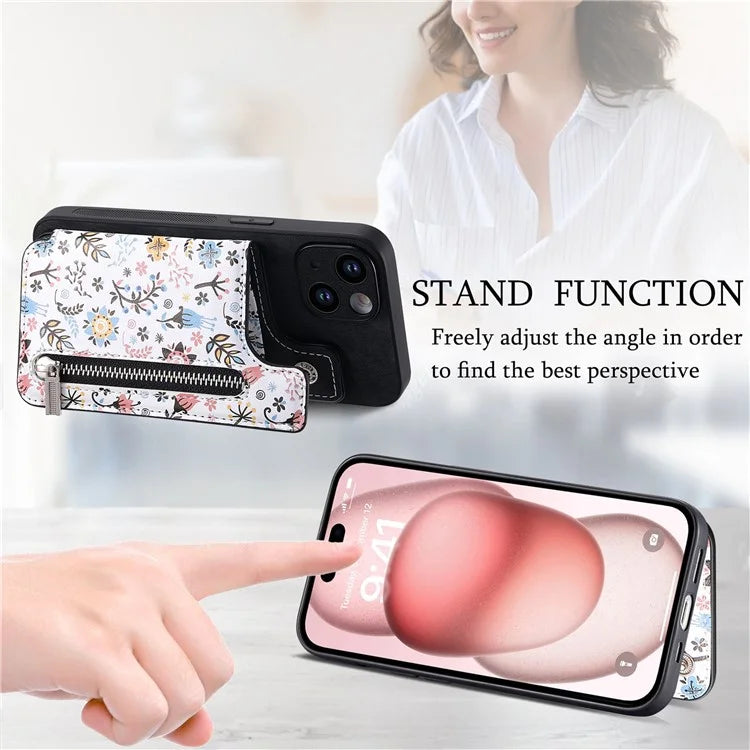 D10 For iPhone 15 Cell Phone Case Pattern Printing Card Bag Zipper Wallet Protective Cover