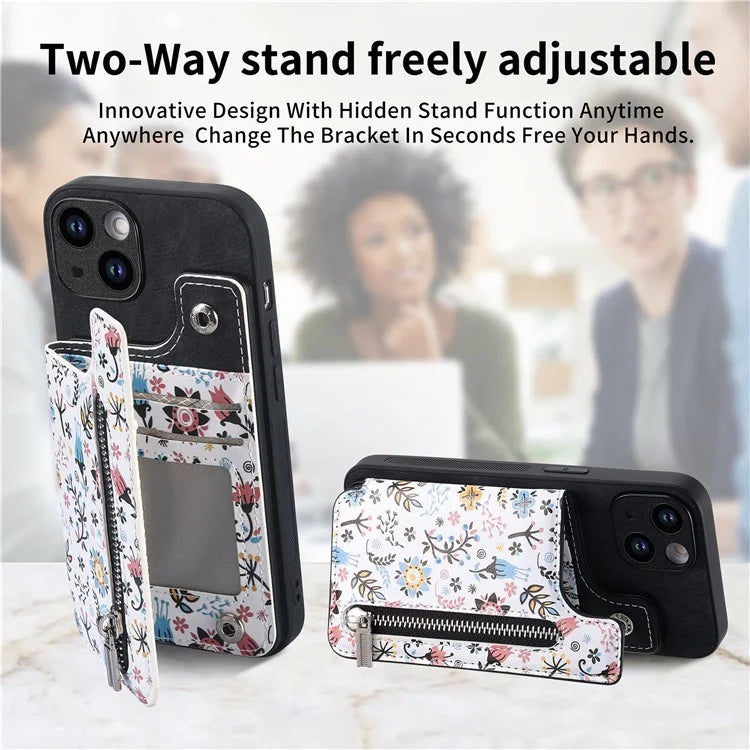 D10 For iPhone 15 Cell Phone Case Pattern Printing Card Bag Zipper Wallet Protective Cover