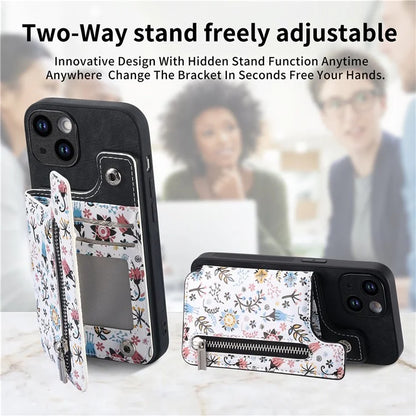 D10 For iPhone 15 Cell Phone Case Pattern Printing Card Bag Zipper Wallet Protective Cover