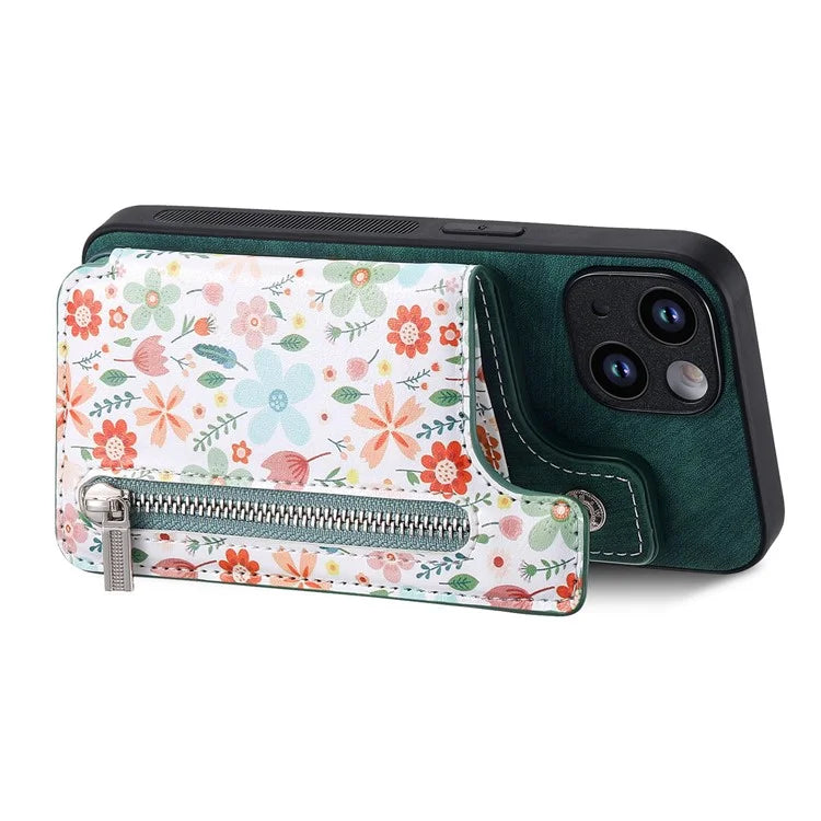 D10 For iPhone 15 Cell Phone Case Pattern Printing Card Bag Zipper Wallet Protective Cover