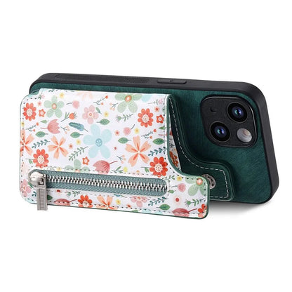 D10 For iPhone 15 Cell Phone Case Pattern Printing Card Bag Zipper Wallet Protective Cover