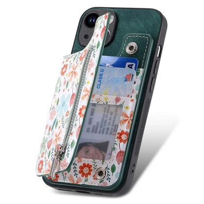 D10 For iPhone 15 Cell Phone Case Pattern Printing Card Bag Zipper Wallet Protective Cover