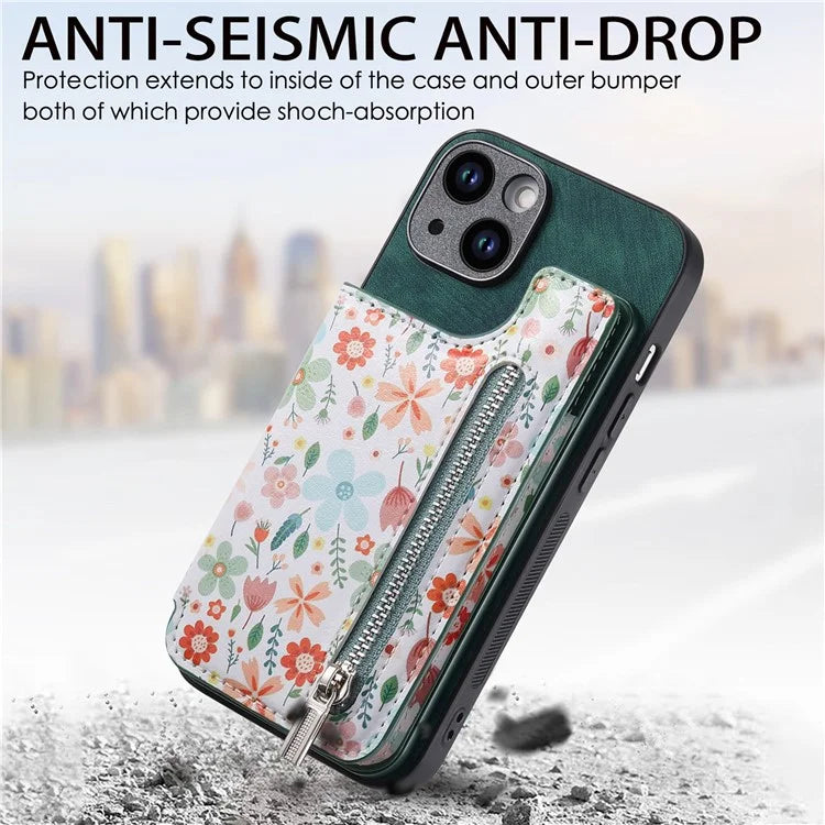 D10 For iPhone 15 Cell Phone Case Pattern Printing Card Bag Zipper Wallet Protective Cover