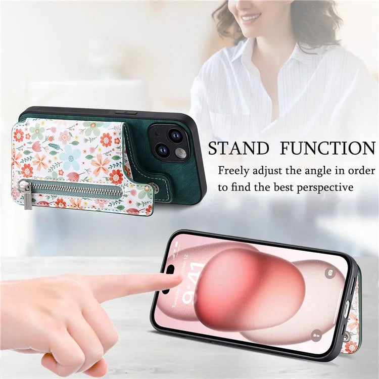 D10 For iPhone 15 Cell Phone Case Pattern Printing Card Bag Zipper Wallet Protective Cover