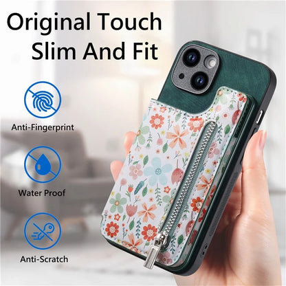 D10 For iPhone 15 Cell Phone Case Pattern Printing Card Bag Zipper Wallet Protective Cover