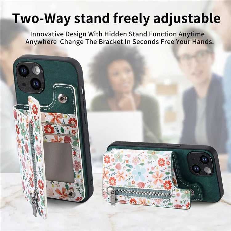 D10 For iPhone 15 Cell Phone Case Pattern Printing Card Bag Zipper Wallet Protective Cover