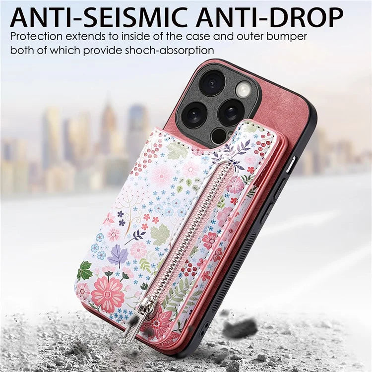 D10 For iPhone 15 Pro Max TPU+Leather Cover Pattern Printed Retro Phone Protective Case