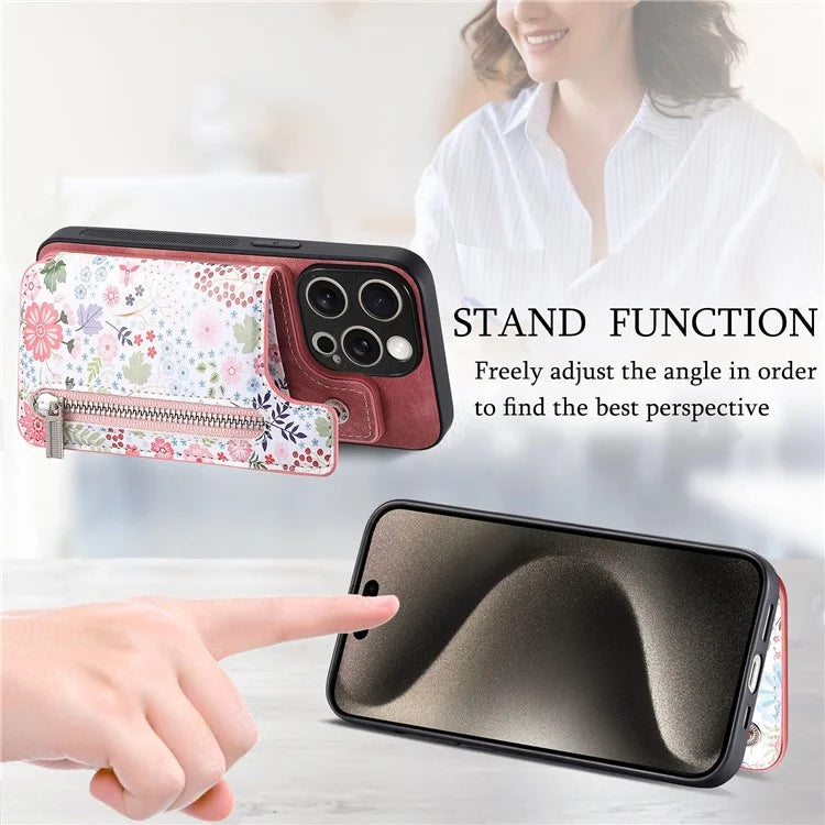 D10 For iPhone 15 Pro Max TPU+Leather Cover Pattern Printed Retro Phone Protective Case