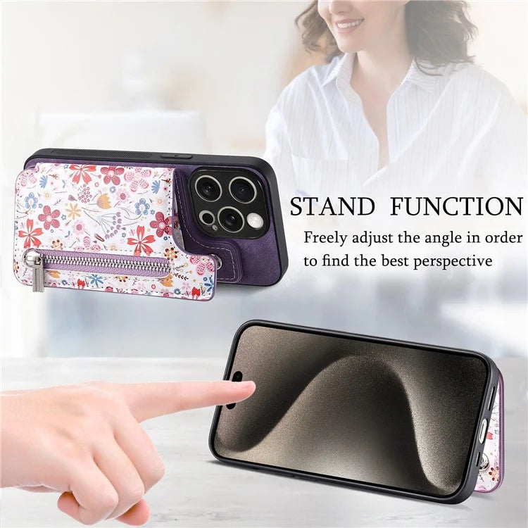 D10 For iPhone 15 Pro Max TPU+Leather Cover Pattern Printed Retro Phone Protective Case