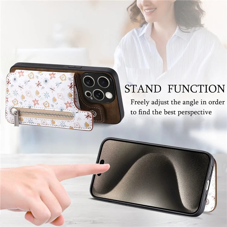 D10 For iPhone 15 Pro Max TPU+Leather Cover Pattern Printed Retro Phone Protective Case