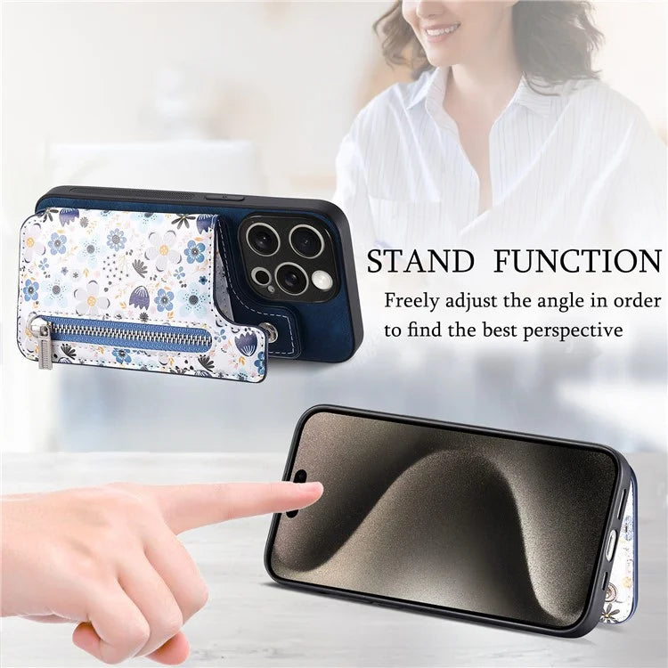 D10 For iPhone 15 Pro Max TPU+Leather Cover Pattern Printed Retro Phone Protective Case