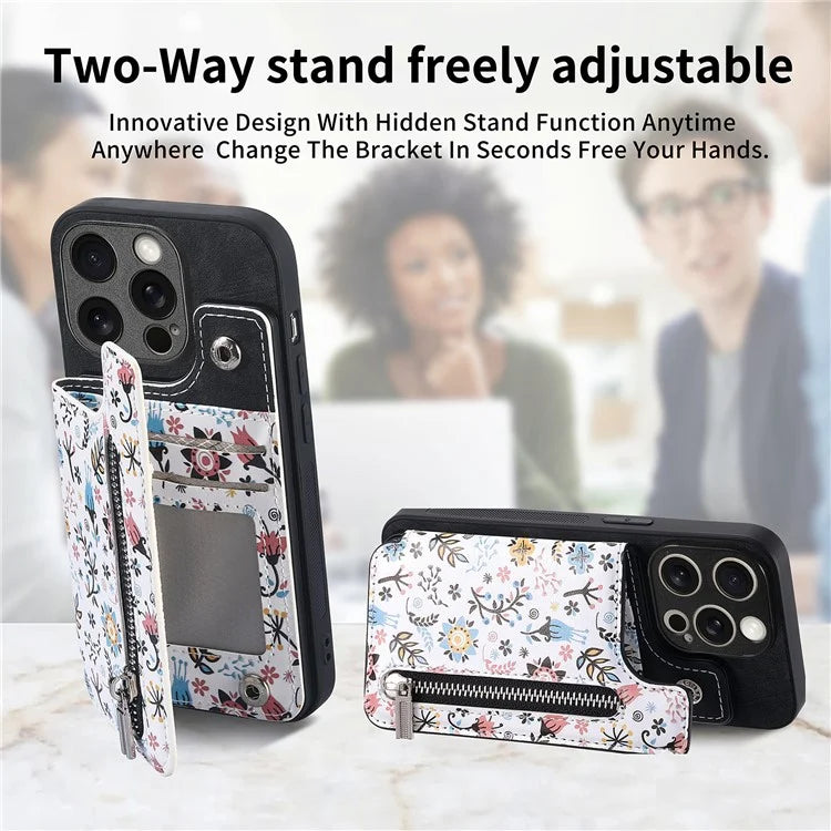 D10 For iPhone 15 Pro Max TPU+Leather Cover Pattern Printed Retro Phone Protective Case