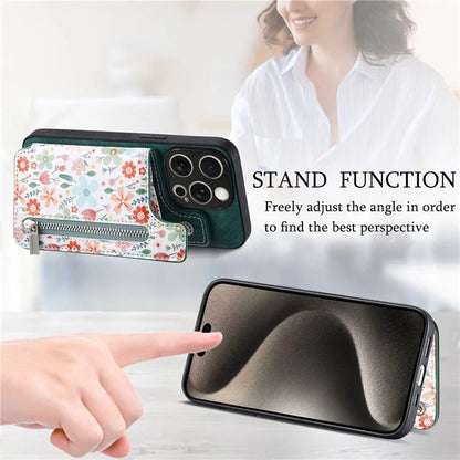 D10 For iPhone 15 Pro Max TPU+Leather Cover Pattern Printed Retro Phone Protective Case