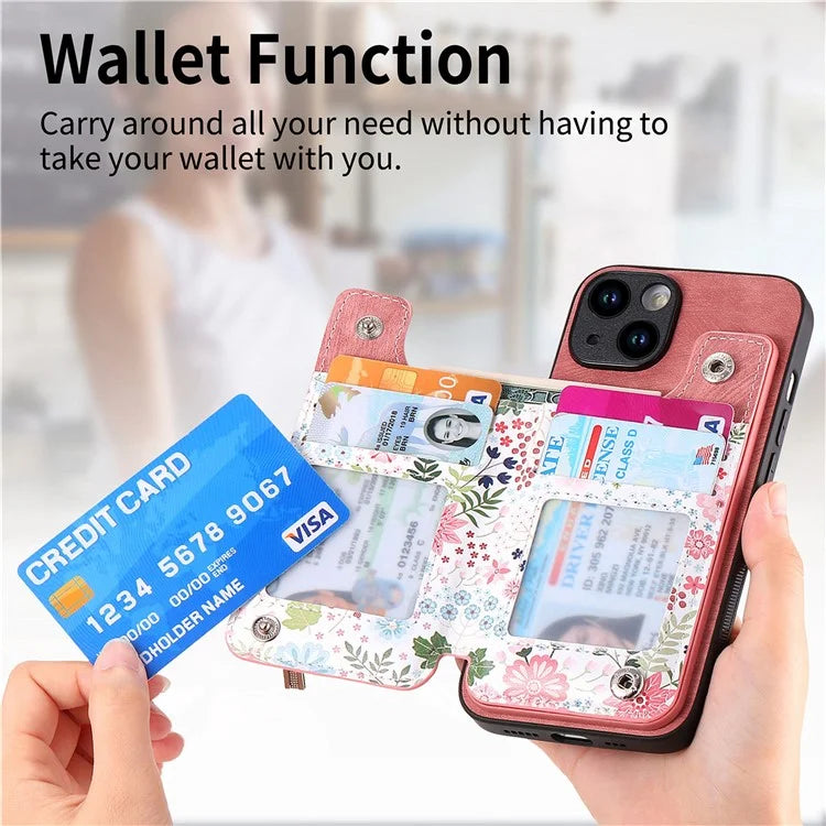 D10 For iPhone 14 Case Pattern Printed Retro Leather Covered TPU Phone Case with Card Slot