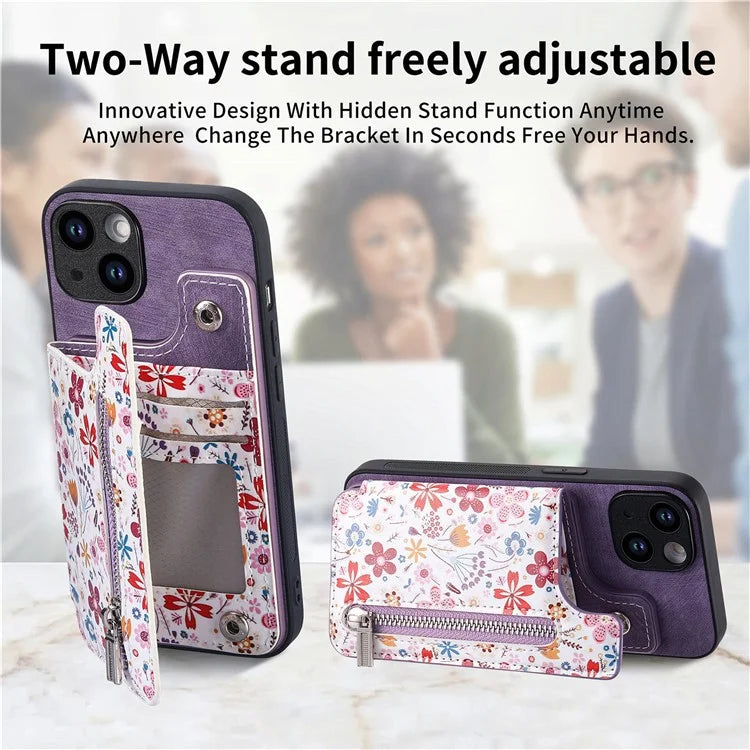 D10 For iPhone 14 Case Pattern Printed Retro Leather Covered TPU Phone Case with Card Slot