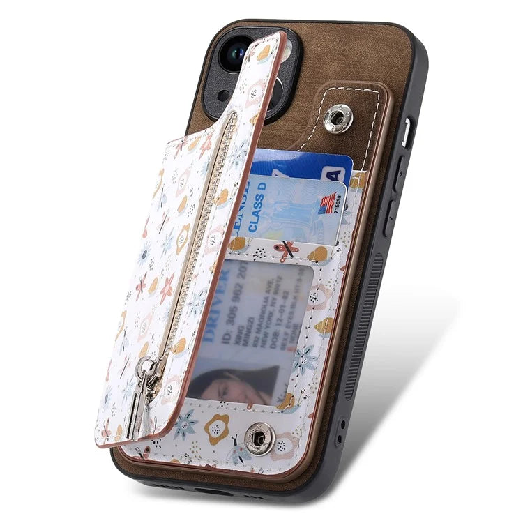 D10 For iPhone 14 Case Pattern Printed Retro Leather Covered TPU Phone Case with Card Slot