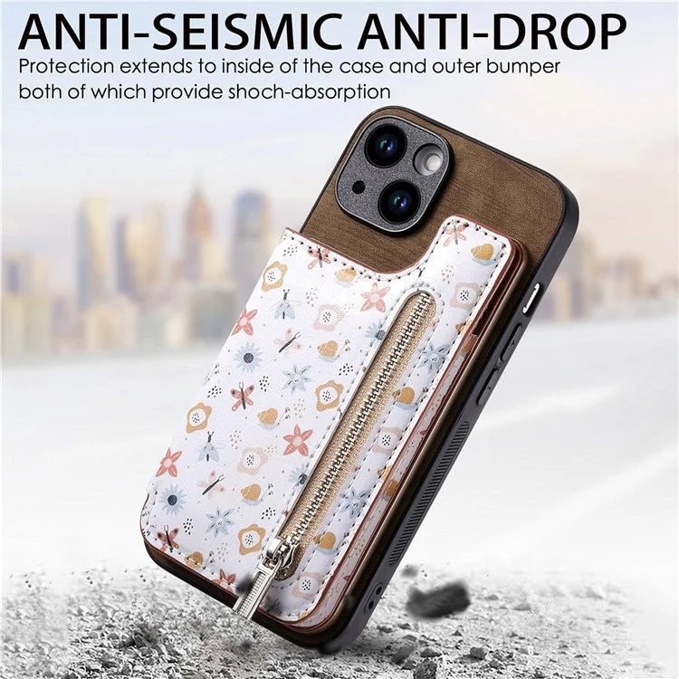 D10 For iPhone 14 Case Pattern Printed Retro Leather Covered TPU Phone Case with Card Slot