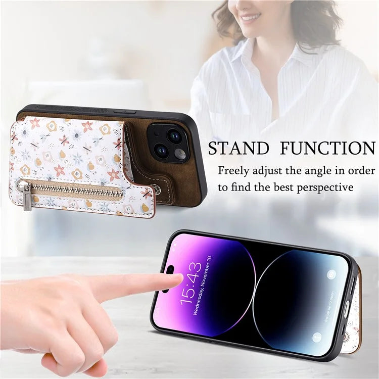 D10 For iPhone 14 Case Pattern Printed Retro Leather Covered TPU Phone Case with Card Slot