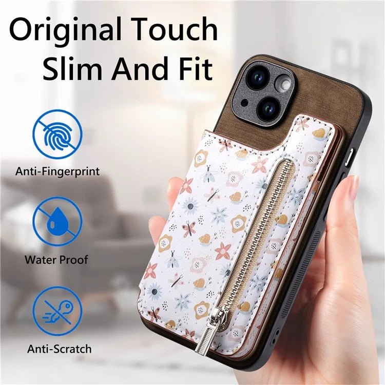 D10 For iPhone 14 Case Pattern Printed Retro Leather Covered TPU Phone Case with Card Slot