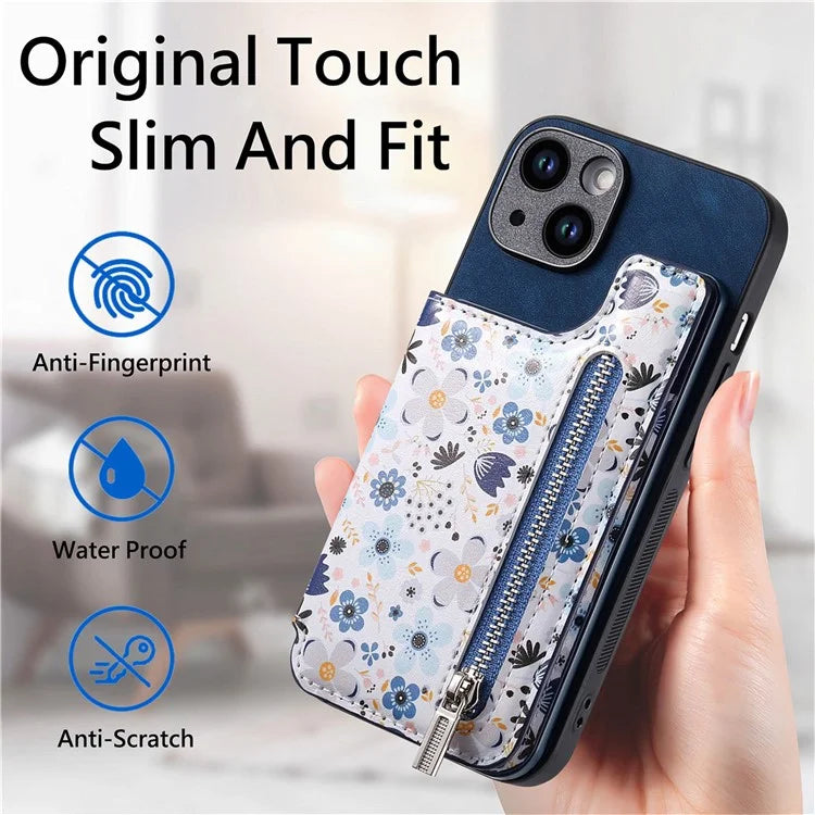 D10 For iPhone 14 Case Pattern Printed Retro Leather Covered TPU Phone Case with Card Slot
