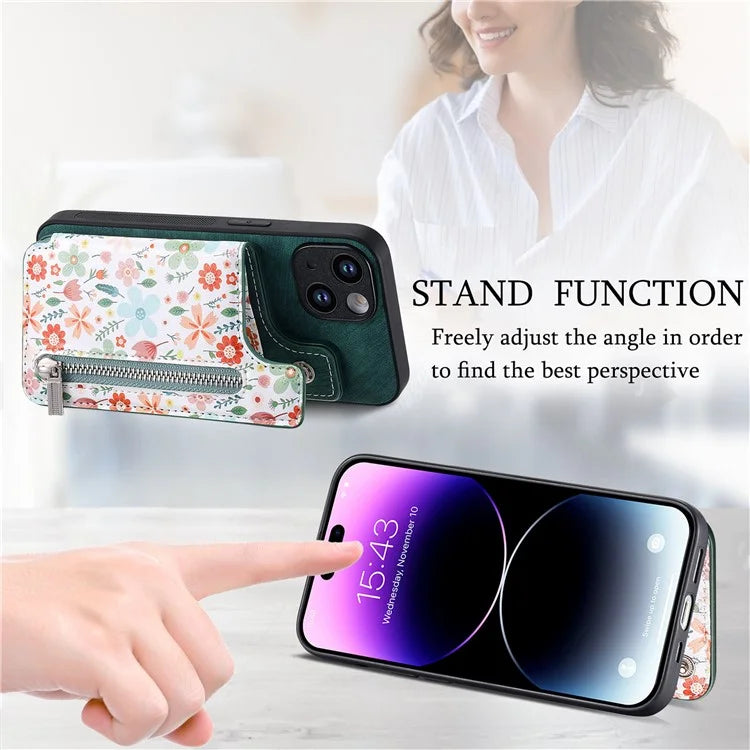 D10 For iPhone 14 Case Pattern Printed Retro Leather Covered TPU Phone Case with Card Slot