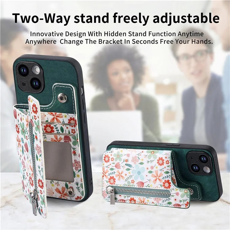 D10 For iPhone 14 Case Pattern Printed Retro Leather Covered TPU Phone Case with Card Slot