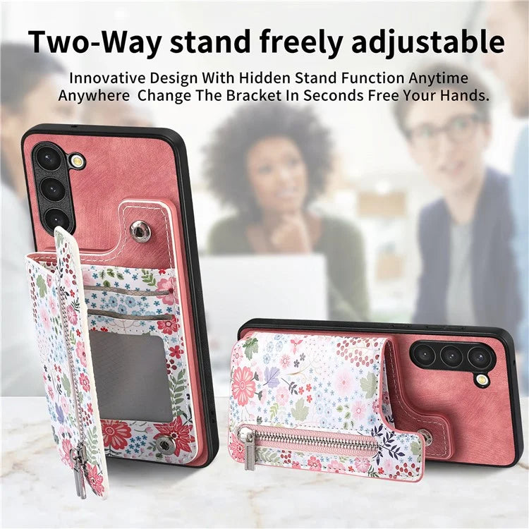 D10 For Samsung Galaxy S23+ Cell Phone Case Pattern Printed Card Bag TPU+Leather Back Cover