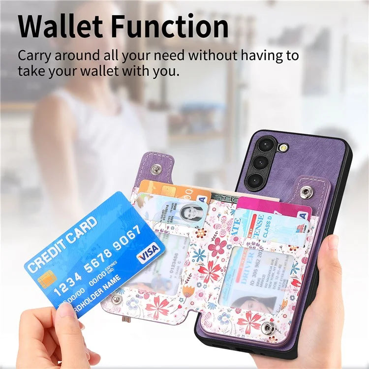 D10 For Samsung Galaxy S23+ Cell Phone Case Pattern Printed Card Bag TPU+Leather Back Cover