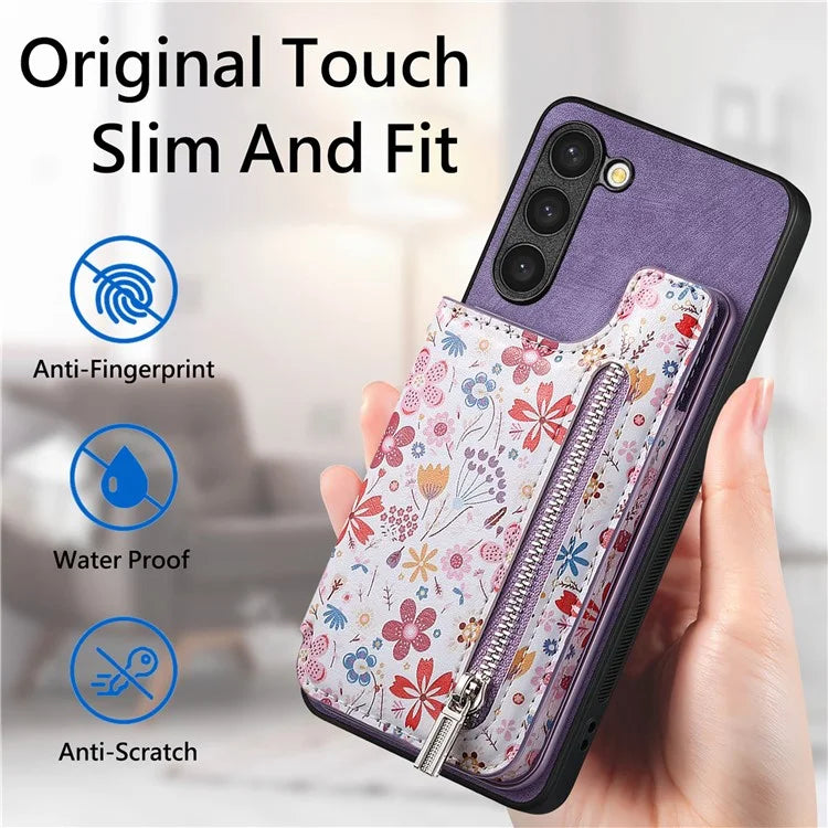 D10 For Samsung Galaxy S23+ Cell Phone Case Pattern Printed Card Bag TPU+Leather Back Cover