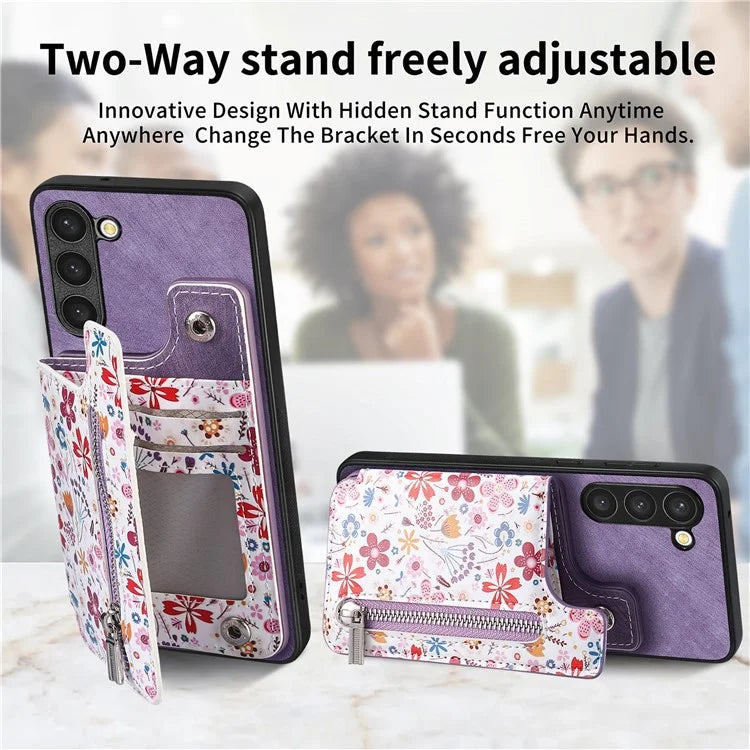 D10 For Samsung Galaxy S23+ Cell Phone Case Pattern Printed Card Bag TPU+Leather Back Cover