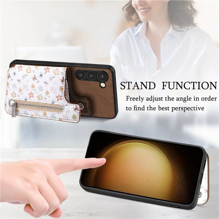 D10 For Samsung Galaxy S23+ Cell Phone Case Pattern Printed Card Bag TPU+Leather Back Cover