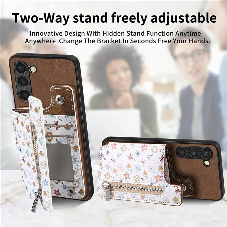 D10 For Samsung Galaxy S23+ Cell Phone Case Pattern Printed Card Bag TPU+Leather Back Cover