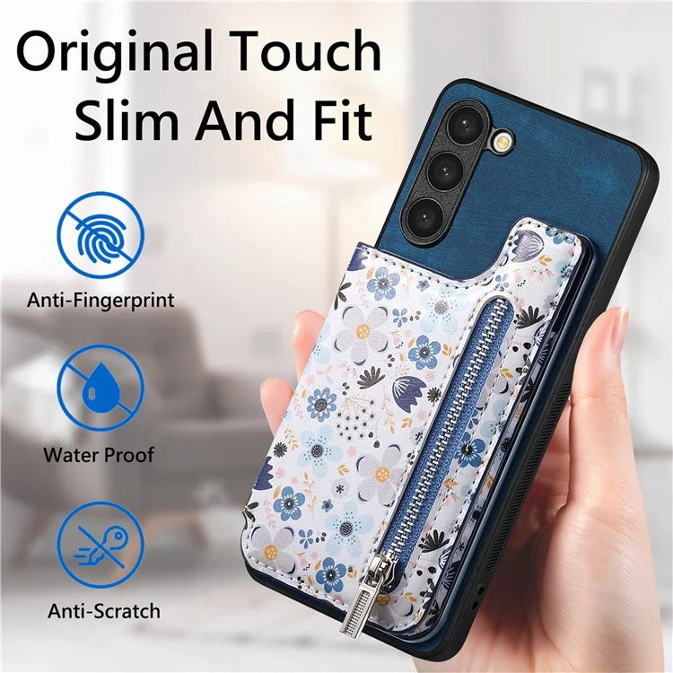 D10 For Samsung Galaxy S23+ Cell Phone Case Pattern Printed Card Bag TPU+Leather Back Cover