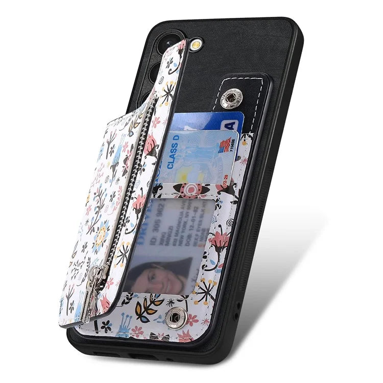 D10 For Samsung Galaxy S23+ Cell Phone Case Pattern Printed Card Bag TPU+Leather Back Cover
