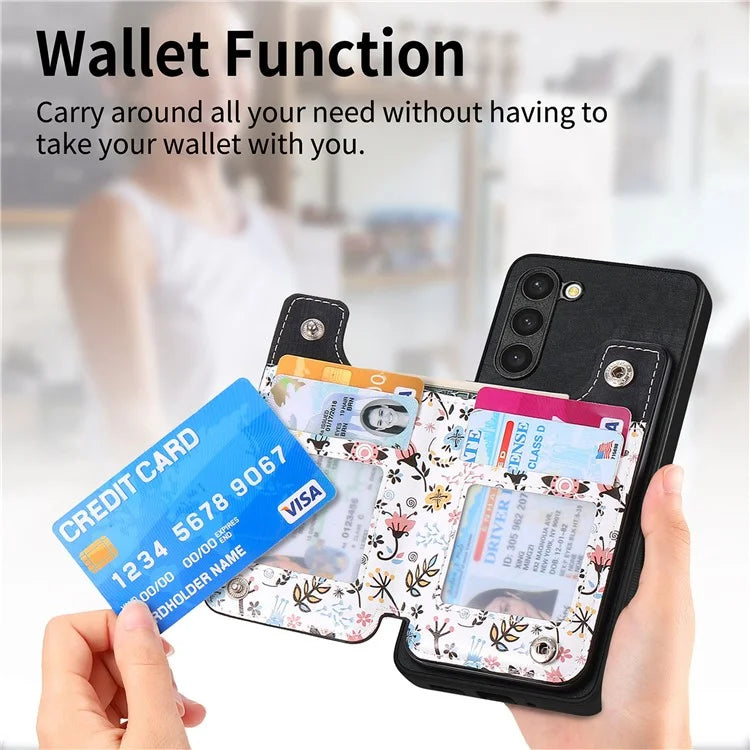 D10 For Samsung Galaxy S23+ Cell Phone Case Pattern Printed Card Bag TPU+Leather Back Cover