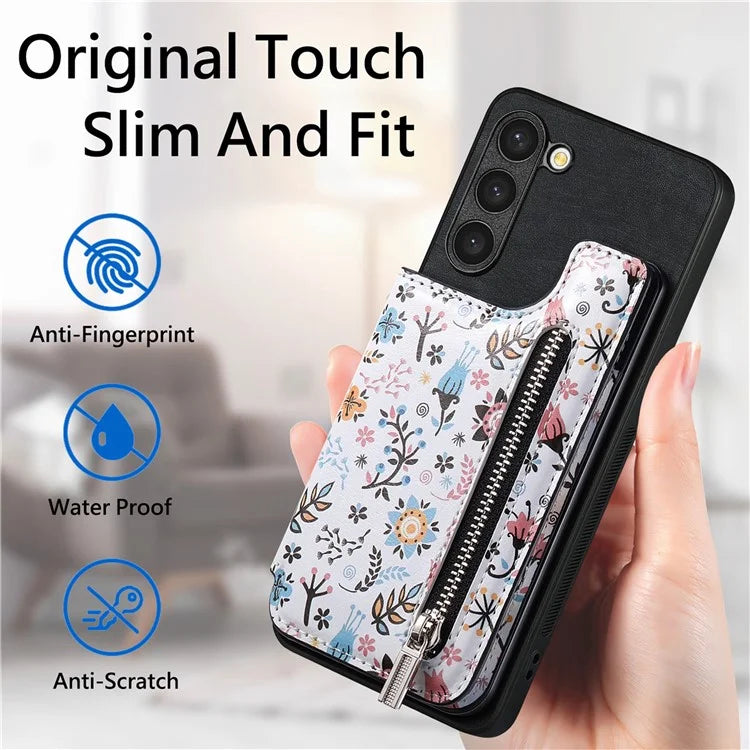 D10 For Samsung Galaxy S23+ Cell Phone Case Pattern Printed Card Bag TPU+Leather Back Cover
