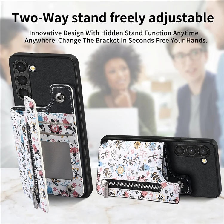 D10 For Samsung Galaxy S23+ Cell Phone Case Pattern Printed Card Bag TPU+Leather Back Cover