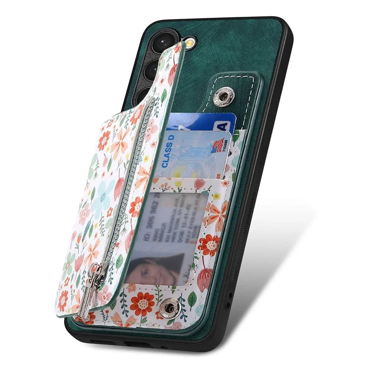 D10 For Samsung Galaxy S23+ Cell Phone Case Pattern Printed Card Bag TPU+Leather Back Cover
