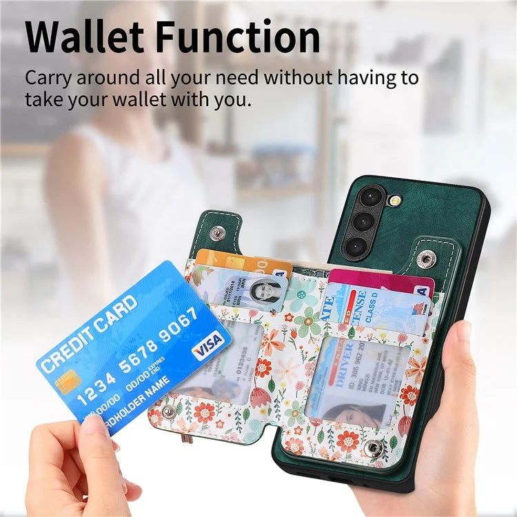 D10 For Samsung Galaxy S23+ Cell Phone Case Pattern Printed Card Bag TPU+Leather Back Cover