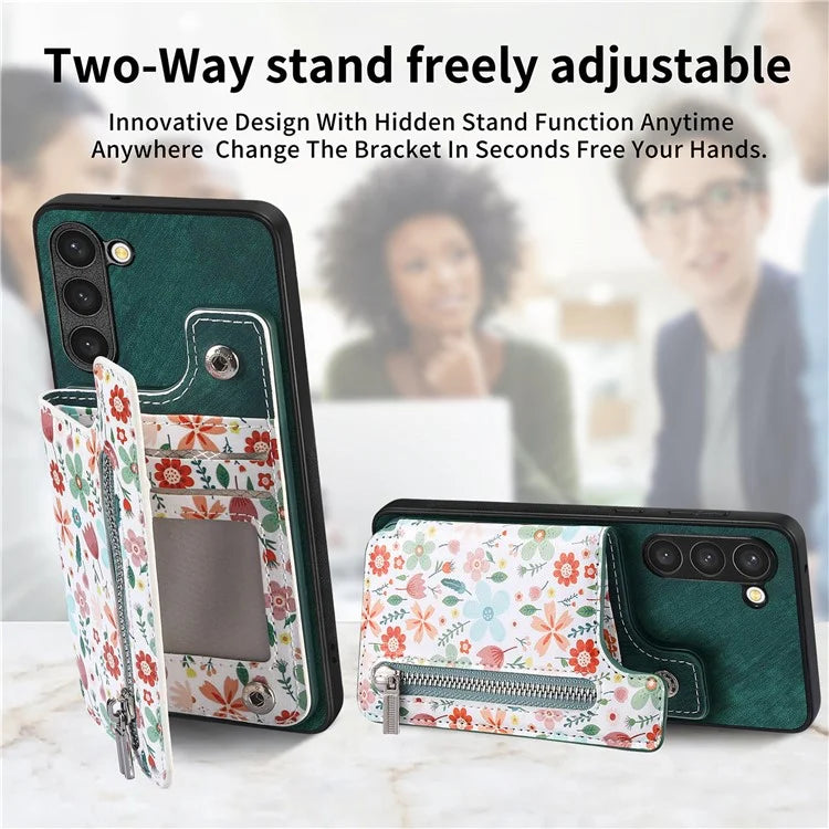 D10 For Samsung Galaxy S23+ Cell Phone Case Pattern Printed Card Bag TPU+Leather Back Cover